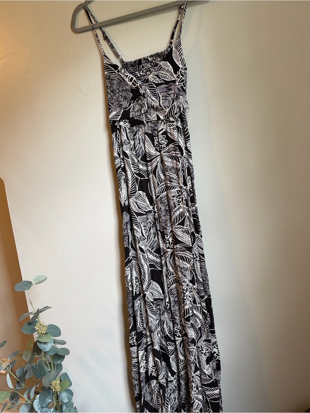Roxy Black and White Leaf-Print Maxi Dress with Spaghetti Straps